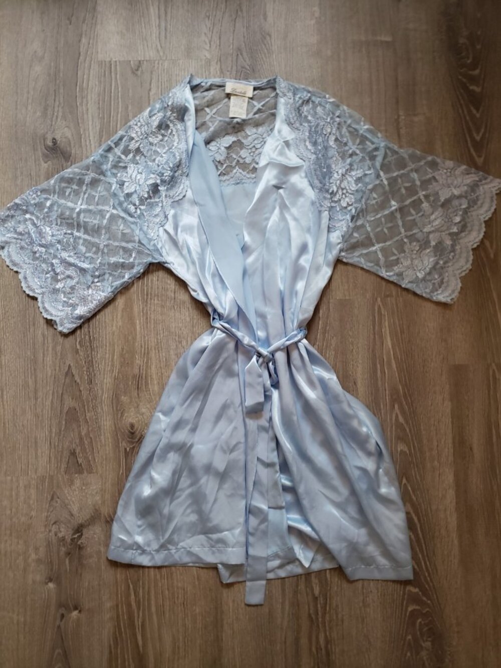 Vtg Dentelle Robe Womens L  Satin Light Blue Floral Sheer Lace Belted Lingerie